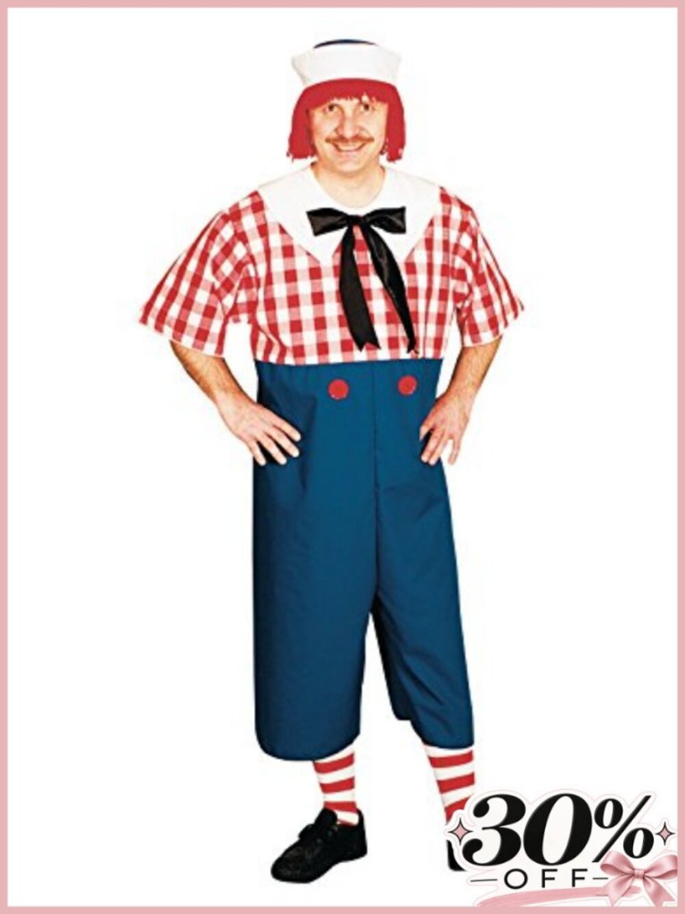 Raggedy Andy Costume, Adult Standard, Hat with Wig, Jumpsuit, Stockings,